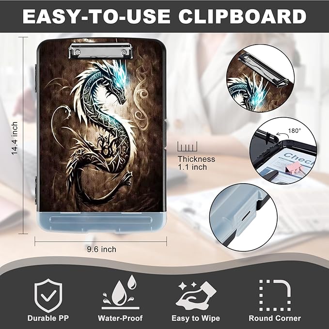 Clipboard with Storage,Heavy Duty Plastic Storage Clipboard with Low Profile Clip,Teacher Must Haves,Office Supplies,Dragon