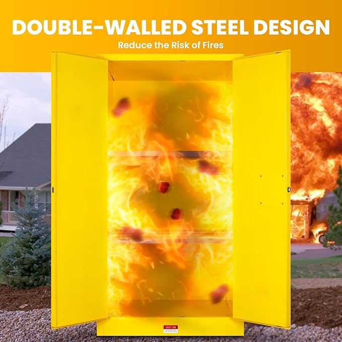 90 Gallon Yellow Flammable Storage Cabinet, Fireproof Steel Chemical Storage Locker with Adjustable Shelves, for Flammable Liquids, Industrial Use, Free Returns!