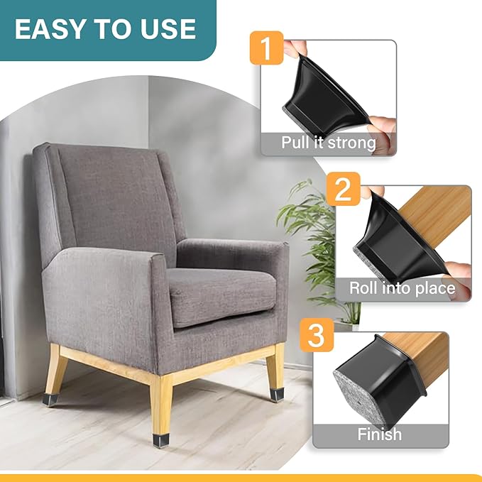 24 Pcs Chair Leg Floor Protectors Square,Black Silicone Felt Furniture Leg Pads Caps Covers for Hardwood Floors(Fit:1-1/16" to 1-5/8")