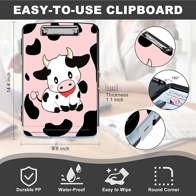 Clipboard with Storage,Storage Clipboard with Pen Holder,Heavy Duty Plastic Storage Clipboard with Low Profile Clip, Clipboard Folder, Teacher Must Haves, Office Supplies,Cute Cows Pink