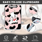 Clipboard with Storage,Storage Clipboard with Pen Holder,Heavy Duty Plastic Storage Clipboard with Low Profile Clip, Clipboard Folder, Teacher Must Haves, Office Supplies,Cute Cows Pink