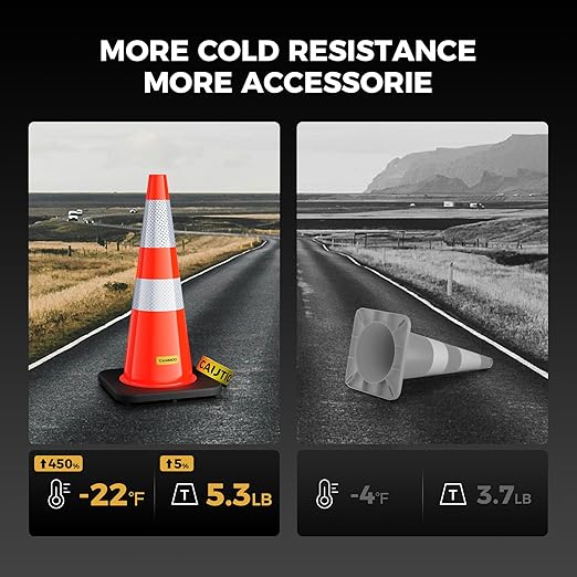 6 Pack 28 Inch Traffic Cones with Black Base, from -22℉ to 131℉, MUTCD-Compliant Orange Safety Cone with Reflective Collar ＆ Extra Caution Tape for Parking Lot, Construction Work, Road Safety