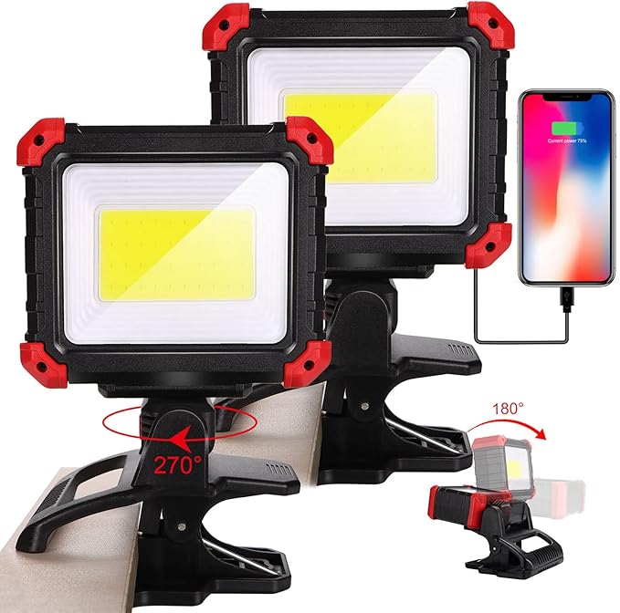 LED Rechargeable Work Light with Clamp, 2Pack 2100LM COB Magnetic Clip on Worklight 270° Rotating with Mobile Charger, Portable Clamp Work Light for Boats, Car Repairing, Job Site Lighting