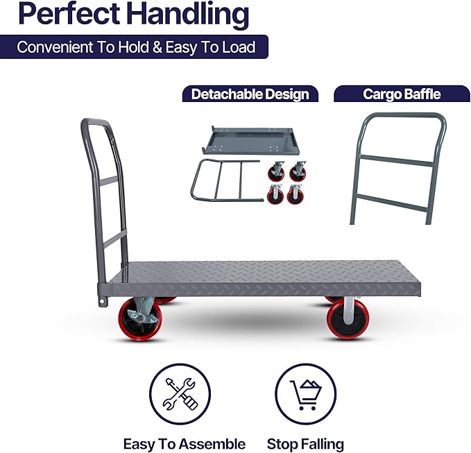 5Seconds Flatbed Platform Cart Industrial Dolly Heavy Duty 48” x 24” Platform Hand Push Truck Super Heavy Duty Diamond Plate Flatbed Cart with 3000Lb Capacity 8'' Swivel Wheels with Lock