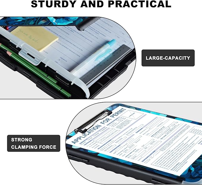 Clipboard with Storage,Storage Clipboard with Pen Holder,Heavy Duty Plastic Storage Clipboard with Low Profile Clip, Clipboard Folder, Teacher Must Haves, Office Supplies,Blue Flowers