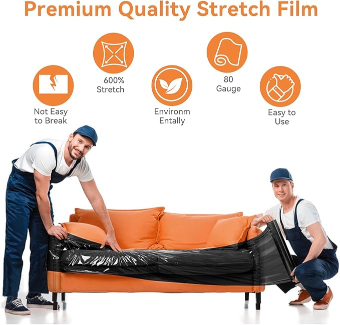 ADAYM 17.5" x 1500' Stretch/Shrink Wrap Roll (2 Rolls) - Plastic Wrap for Moving, Heavy Duty 80 Gauge, 600% Stretch for Packing, Pallets, Shipping&Furniture Protection with Handles