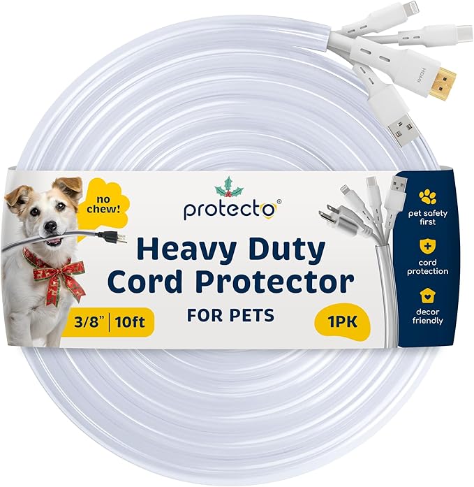 PROTECTO Heavy Duty Cord Protectors from Pets No Chew Solution, 10ft Easy to Use Dog & Cat Cord Protector, Clear & Odorless Critter Cord Covers for Pets, Power Audio & Video Wire Protector Tubing