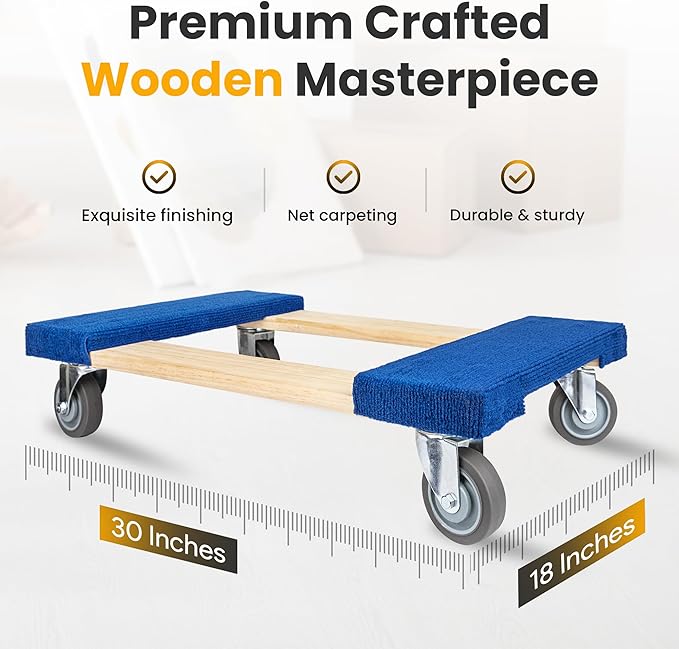 Furniture Dolly 30" x 18" I 4 Wheels Heavy Duty Moving Dollies | Fully Assembled Wooden Moving Cart with Large Wheel Casters | | Heavy Duty Dolly Cart | 1,000 lbs Capacity | Pack of 2