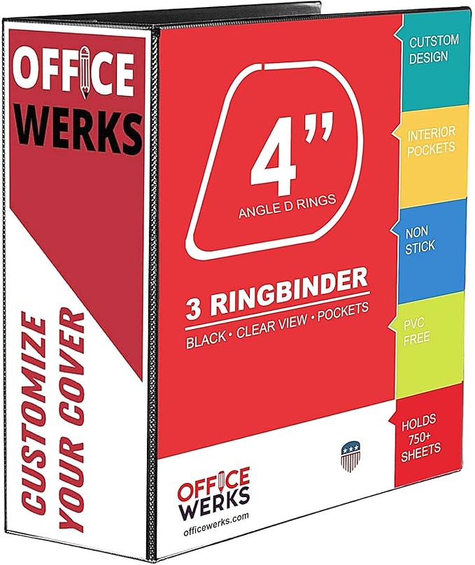 4 Inch 3 Ring Binder, D-Ring Heavy Duty, 800 Sheet Capacity, Customizable View Cover, Presentation Folder with Pockets, Fits 8.5 x 11 Inch, 2 Pack, Black