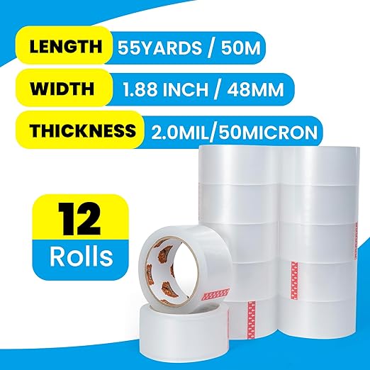 TAPEBEAR Clear Packing Tape 12 Rolls, 1.88" x 55Yards x 2.0mil Thick, Acrylic Adhesive Shipping Tape for Mailing, Sealing, Box Office Moving Packaging, Total 660Yards