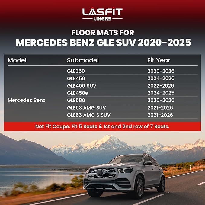 LASFIT Floor Mats for Mercedes Benz GLE SUV 2020-2026 350/450 / 450e / 580/53 AMG / 63 AMG S (Not Fit for Coupe), All Weather TPE Floor Liners Custom Fit GLE Car Mats, 1st & 2nd Row Set, Black