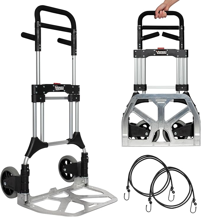 Vergo 400 lbs Capacity Folding Hand Truck Dolly – Lightweight Aluminum Frame Dolly Cart with 50" Telescoping Handle, Compact Hand Cart with 8” Rubber Wheels for Office, Warehouse, Trucks (S300L)