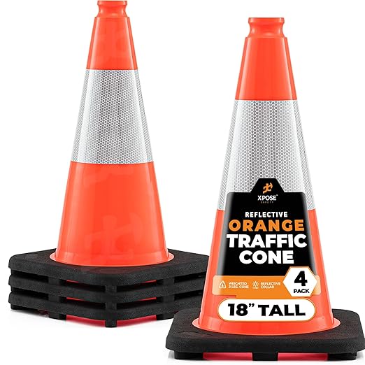 Xpose Safety 18 Inch Orange Traffic Cones with 6" Collar - 4 Pack Multipurpose PVC Plastic Safety Cone for Parking, Soccer, Caution, Kids and Construction - DOT Approved