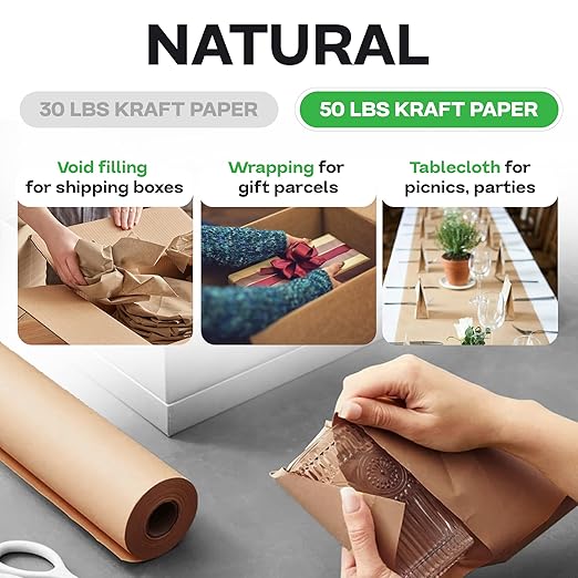 IDL Packaging 24" x 8640" (720 feet) - Kraft Paper Roll - 50lb Thickness - Natural Brown Kraft Wrapping Paper for Packing - Perfect Kraft Paper for Void Filling & Heavy Duty