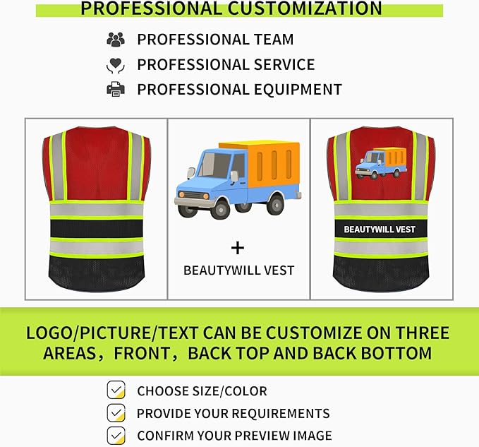 BeautyWill Custom Logo 10/20 Pack Safety Vest Class2 High Visibility Vest with Pockets Breathable Construction Vest Bulk