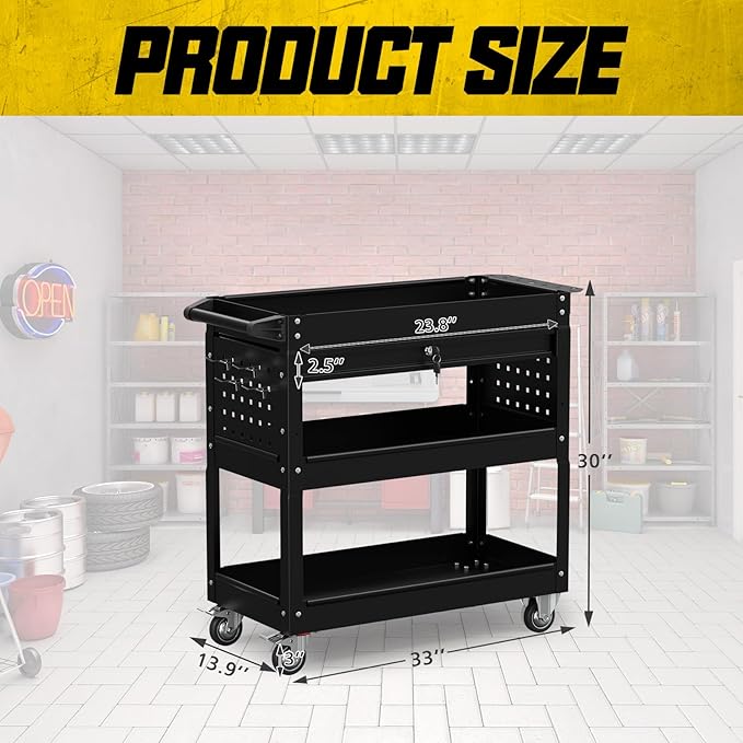 3 Tier Rolling Tool Cart on Wheels, 450 LBS Capacity Tool Cart with Drawers, Heavy Duty Rolling Utility Carts on Wheels, Rolling Tool Work Carts for Garage, Warehouse and Repair Shop,Black