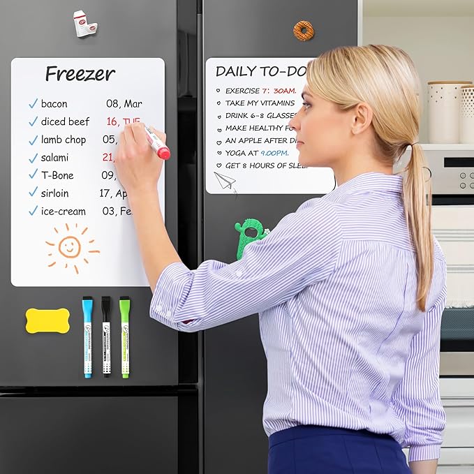 2 Pack Magnetic Dry Erase Board Sheet for Fridge, 12"x8" Erasable Refrigerator WhiteBoard w/ 4 Markers & 1 Eraser- Smooth and Flexible Small Magnet Blank Notepad for Home Kitchen Organizer and Planner