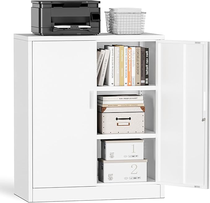 Metal Garage Storage Cabinets，36" Steel File Cabinet with 2 Adjustable Shelves, Lockable Storage Cabinets for Office, Home, Garage, Warehouse 36" H x 32" W x 16" D (White)