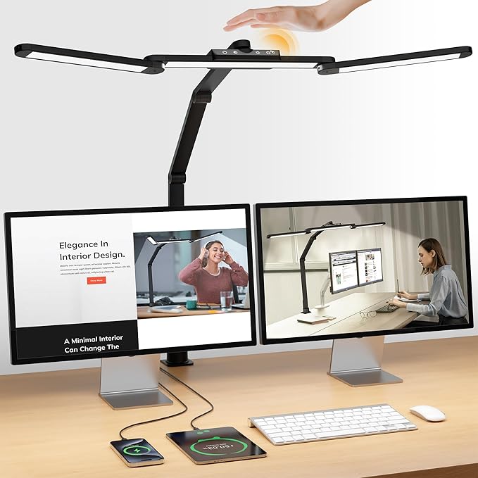 ShineTech LED Desk Lamp for Home Office, 25 Lighting Modes Swing Arm LED Lamp with Clamp, Gesture Sensor, Type C Port, Auto-Off Timer Lamp for Reading