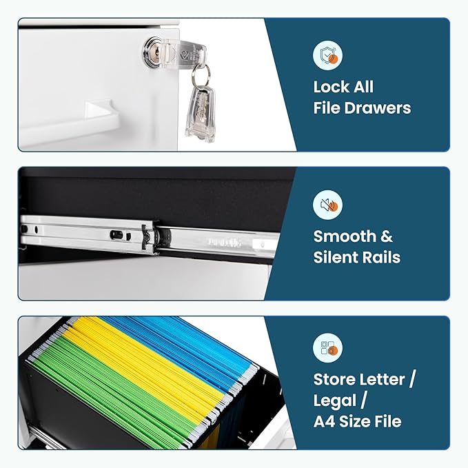 MIIIKO White Filing Cabinet 3 Drawers Under Desk, Metal File Cabinet with Lock for Home Office, Small Mobile File Cabinet for Letter Legal File Folders（Un-Assembled）