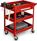 ERGOMASTER Metal Service Utility Cart with Wheels - 500LBS Tool Cart Heavy Duty Rolling 3-Tier Storage Organizer, for Garage Industrial Cart (Red)