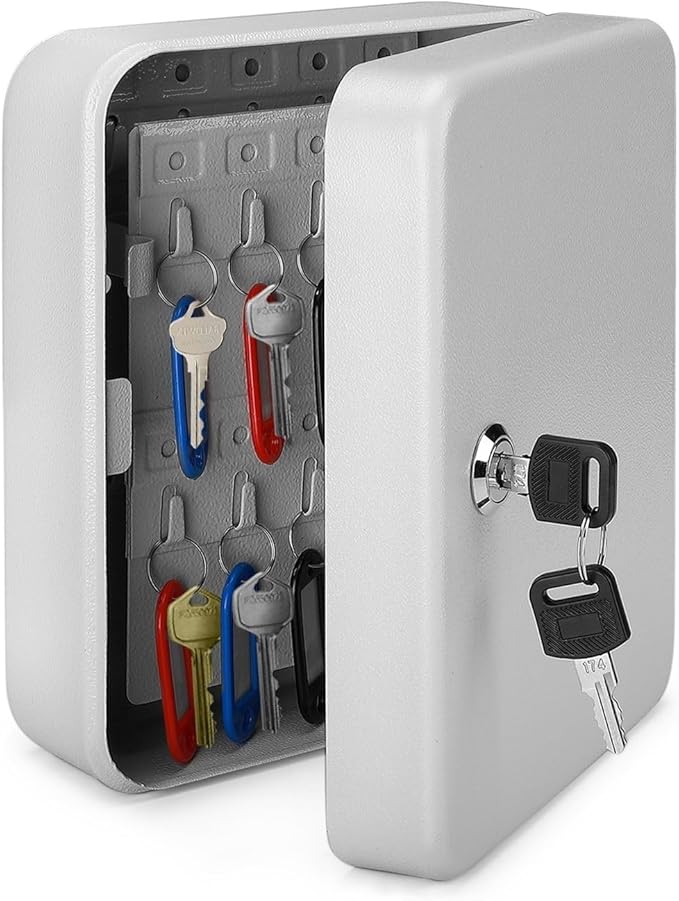 Flexzion Key Box Wall Mount With Code - 40 Capacity Key Box Organizer, Lock Box Key Holder, Secure & Durable Key Storage Box Cabinet with Colored Tags & Hooks for Homes & Business, Gray
