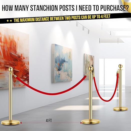 6PCS Gold Stanchion Post, 5 Ft Red Velvet Rope Stainless Steel Crowd Control Barriers Used for Theaters Parties Wedding Museums Exhibition