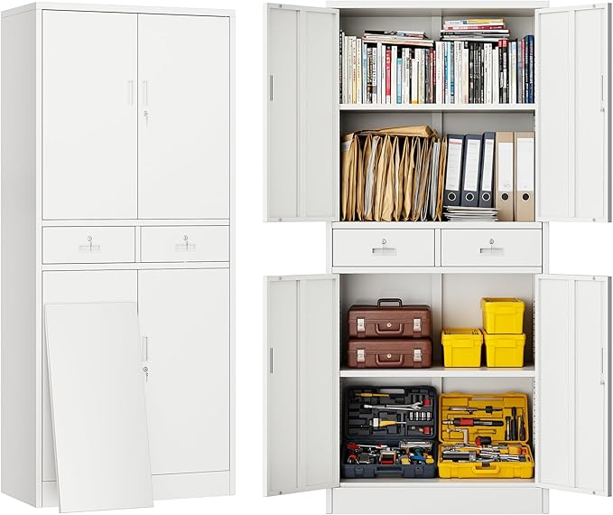 BESFUR 71“H Metal Storage Cabinet with 2 Lockable Drawers and 2 Lockable Doors, Metal Cabinet with 2 Adjustable Shelves, Locking Cabinet for Garage, Office, Classroom - White