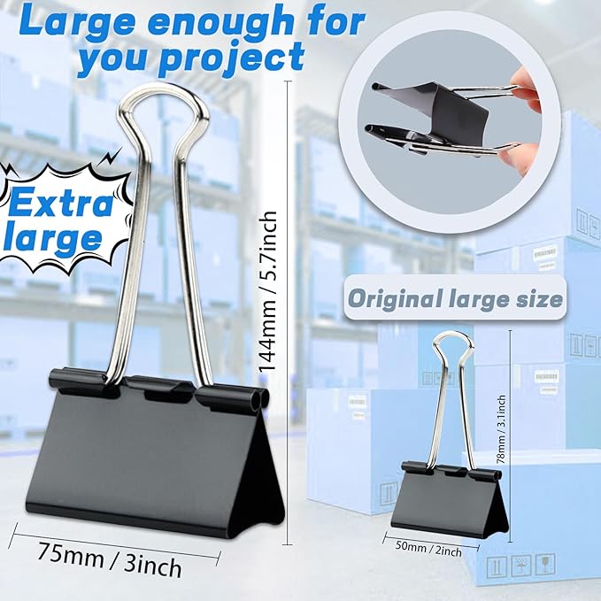 3 Inch Extra Large Jumbo Binder Clips (12 Pack), Heavy Duty Paper Clamps for Office and Home Supplies, Black