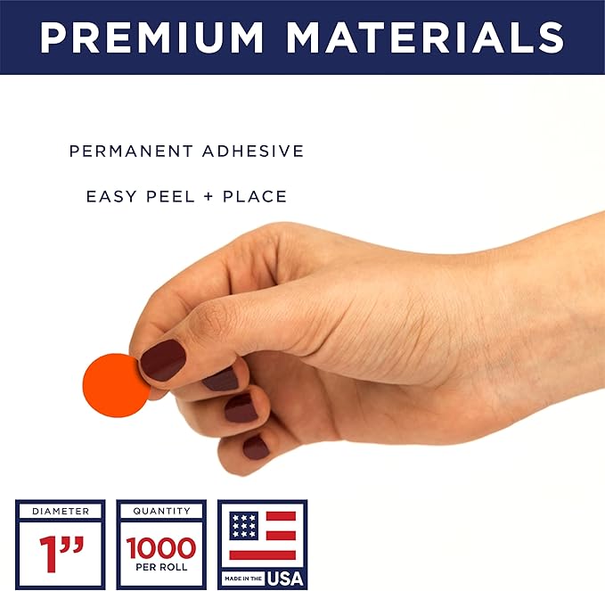 Fluorescent Red 1-Inch Circle Dot Stickers – 1,000 Round Strong Adhesive Labels per Roll, Colored Stickers for Garage Sale Price Tags, Classroom, Inventory, Office & Yard Sale Supplies, Made in USA