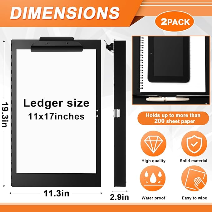 2 Pcs 11 x 17 Inch Aluminum Clipboard with Storage Metal Clipboard High Capacity Clip for Student Teacher Nurse, Black