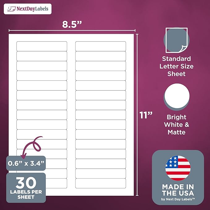 NextDayLabels - 3-7/16" x 2/3" Rectangular Sticker Labels for Printer - White Laser/Inkjet Printer Labels Return Address Labels Shipping Label Stickers (50 Sheets, 30 Per Sheet, 1500 Labels)