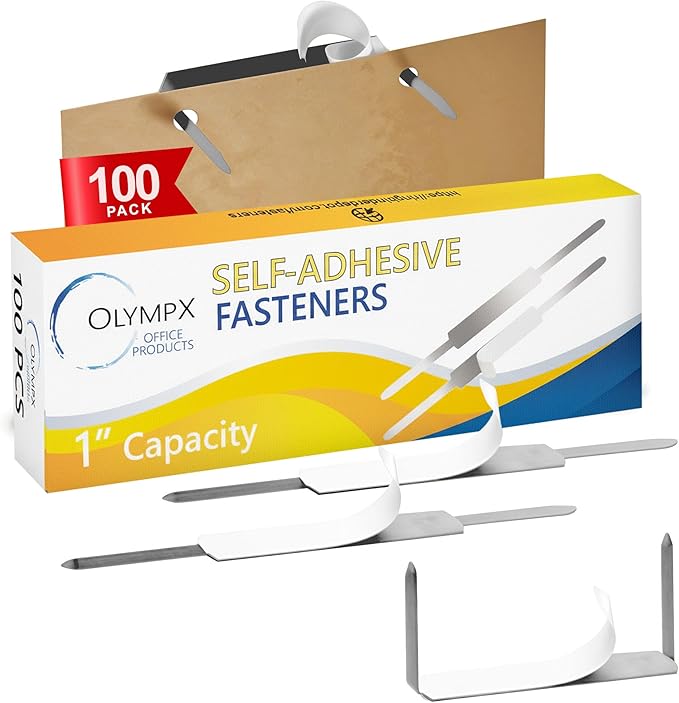 OLYMPX 100 Pcs of 1 Inch Capacity Economy Self-Adhesive Fastener, Prong Paper Fastener Bases, 2.75 Inch Base for Paper File Clip Folder Accessories, 100 per Box
