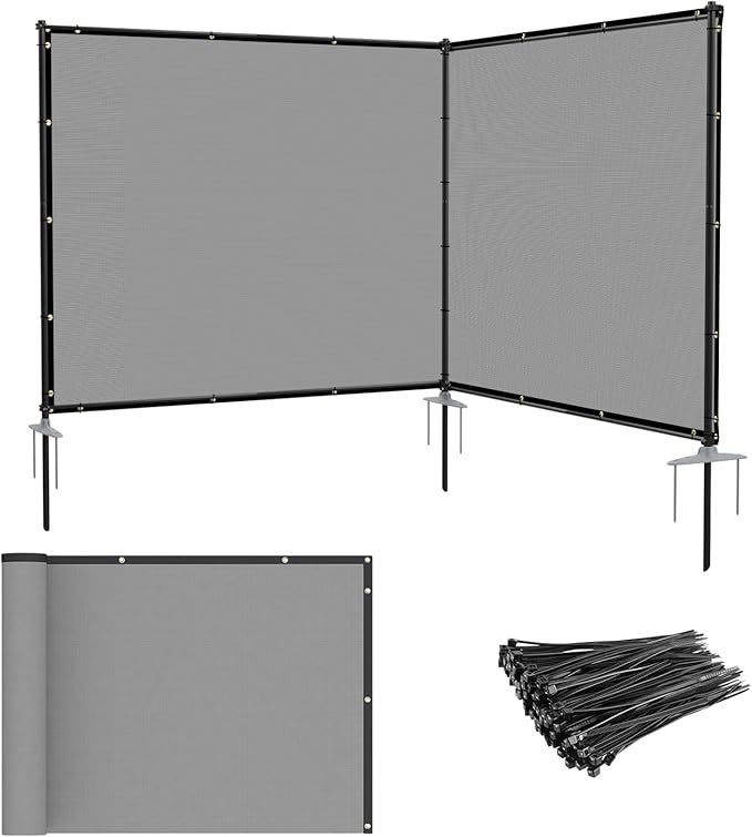 Patio 6' x 10' Outdoor Privacy Screen Freestanding Temporary Fence Panels Net Cover with Metal Poles for Outside Backyard Pool Garden Air Conditioner Fencing, Light Gray