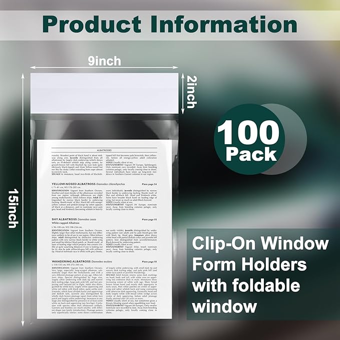 100 Pack Clip on Window Form Holder Buyers Guide Window Hangers Buyers Guide Holder Sleeves 9 x 13 Clear Plastic Pouch Form Hangers for Car Dealership Supplies