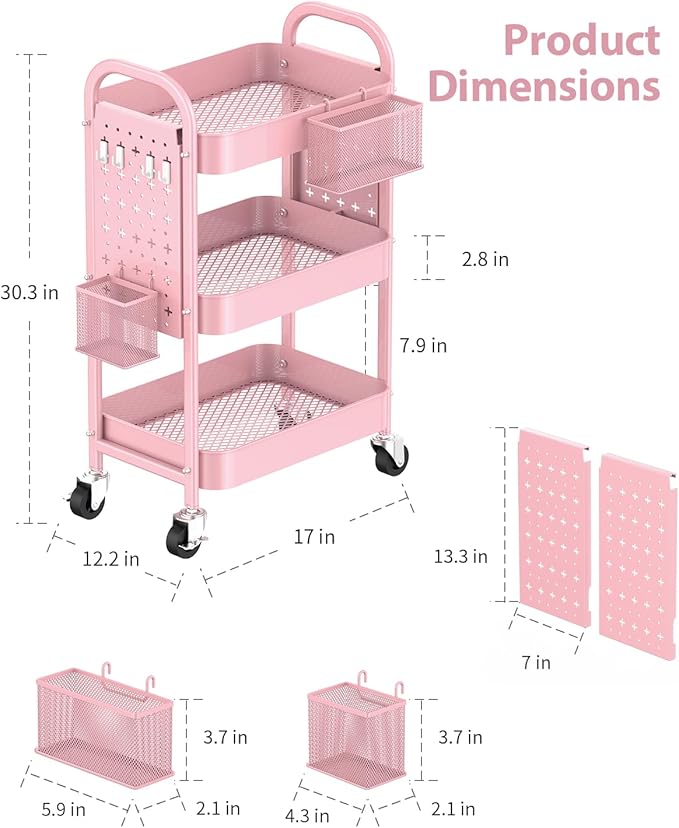 ALVOROG 3 Tier Rolling Cart with DIY Pegboards Metal Utility Cart with Wheels Handles Baskets Hooks, Craft Cart for Office Kitchen Bathroom(Cherry Blossom Pink)