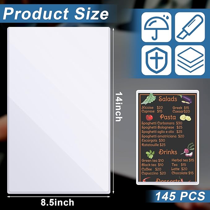 Henoyso 145 Pcs 8.5" x 14" Menu Cover Rigid Print Protectors Clear Heavy Duty Menu Holder Poster Protector Sleeve Hard Plastic Paper Sleeves for Page Sheet Photographs Document Birth Certificate