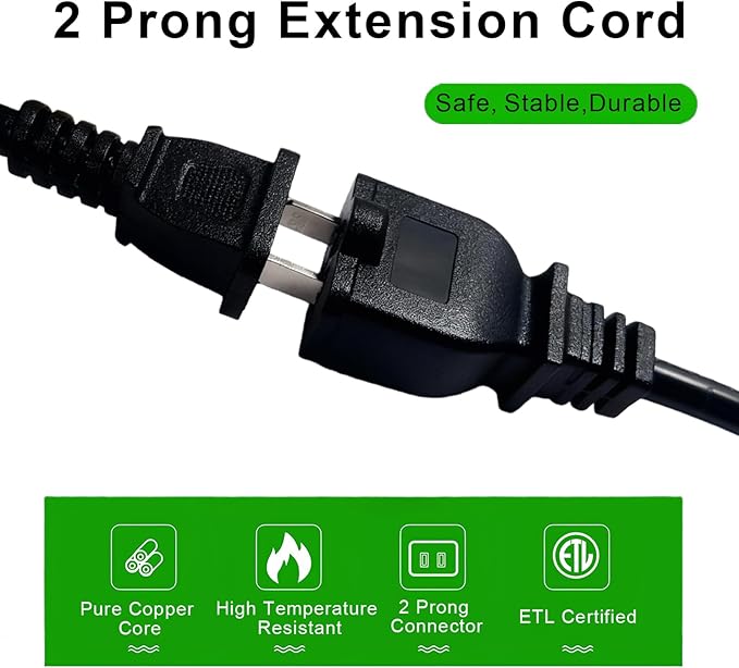 Extension Cord 50 Ft-2 Prong Outdoor Extension Cord,16AWG 13A 1625W Waterproof Extension Cable for Garden, Lawn, Outdoor Power Tools（Black）