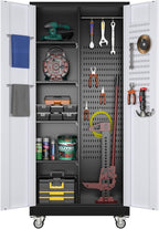 SUXXAN Broom Closet Storage Cabinet with Wheels 71.4"x 31.5"x15.7", Metal Cleaning Cabinets with Hooks and Hanging Rods, Lockable Cabinet with Pegboard, Adjustable Shelf(Black/White)