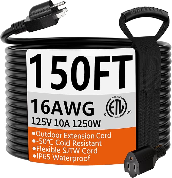 HUANCHAIN 150 FT 16 Gauge Black Indoor Outdoor Extension Cord Waterproof, Flexible Cold Weather 3 Prong Electric Cord Outside, 10A 1250W 125V 16AWG SJTW, ETL Listed