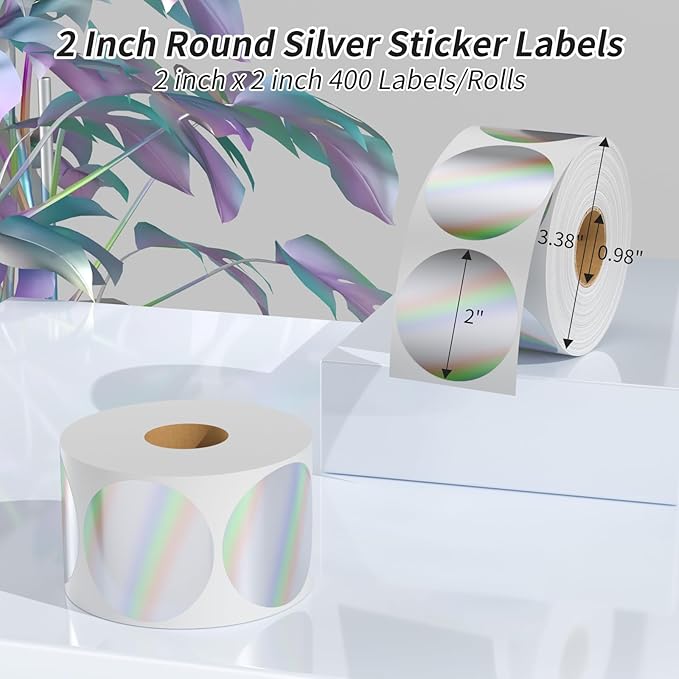 Classy Holographic Circle Thermal Sticker Labels, 2'' Printable Rainbow Round Thermal Labels, Self-Adhesive Thermal Label Stickers for Logo Design- 400 Labels/1 Roll