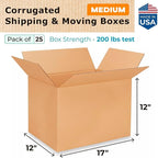 Medium Shipping & Moving Boxes 17"L x 12"W x 12"H (25-Pack) - Extra Strength 200 lb vs Regular - Corrugated Cardboard Box, Made in USA - Medium Moving Box - Packing Box by IDL Packaging
