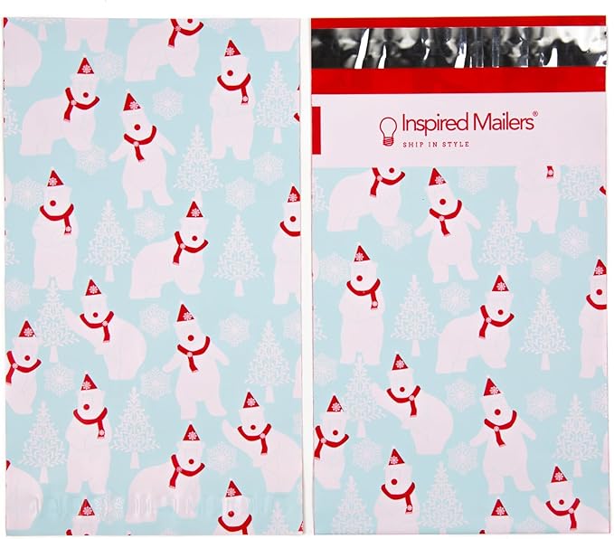 Inspired Mailers - Poly Mailers 6x9-100 Pack - Polar Bears (Blue) - Winter Mailing Envelopes - Small Shipping Bags - Holiday Poly Mailers Bags