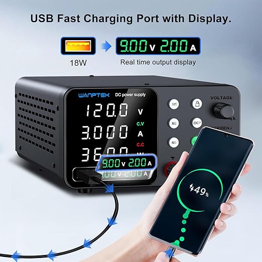 DC Power Supply Variable, 120V 3A Adjustable Switching Regulated Bench Power Supplies with Memory Preset/Locking Key/OCP Protection/Output/USB Fast Charging /4-Digit LED Display