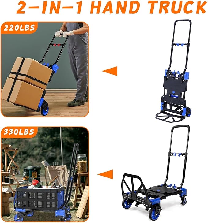2-in-1 Folding Hand Truck with Retractable Handle, 330LBS Capacity Heavy Duty Hand Dolly, Collapsible Dolly Cart with Wheels for Luggage/Moving/Travel