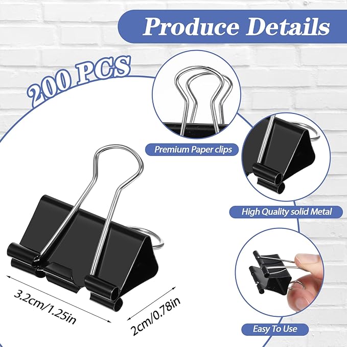 200 Pcs Medium Binder Clips Paper Clips Office Supplies Paper Clamps for Teachers Students School Office Business Paperwork Supplies (Black, 1.25 Inch)
