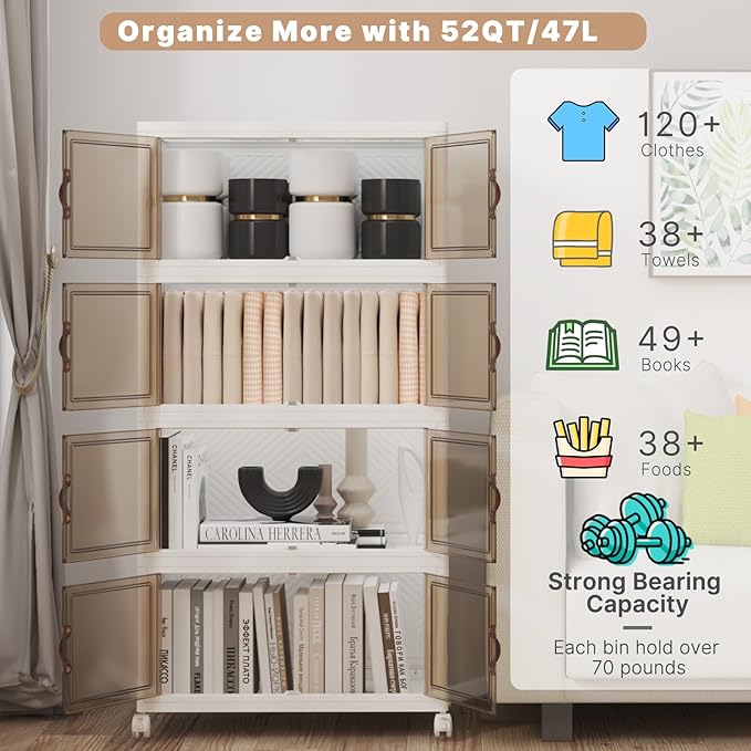 Extra Large Stackable Storage Bins with Lids & Wheels, Foldable Plastic Storage Bins (White, 220QT-55QT/14GAL*4Pack)