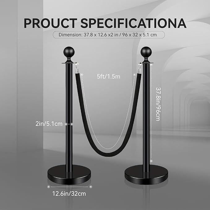 4PCS Black Stainless Steel Stanchions with 3PCS 5FT Velvet Black Ropes - Crowd Control Barriers with Ball Top and Hollow Base for Event,Party,Wedding