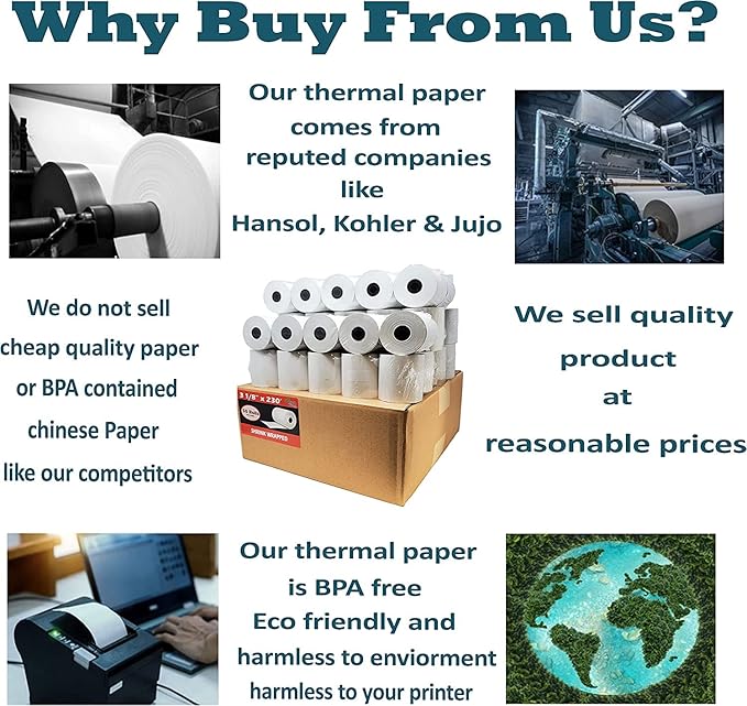(10 Rolls) 3 1/8 x 230 Thermal Paper Receipt Rolls (55 GSM - 80mm x 70m) Fits All POS Cash Registers TM-T88III, TM-T88IV, TM-T88V, TSP100, CT-S300, CT-S2000, BPA Free from BuyRegisterRolls