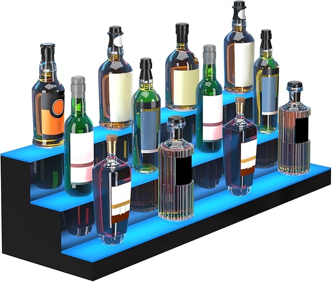 VEVOR LED Lighted Liquor Bottle Display, 3 Tiers 40 Inches, Supports USB, Illuminated Home Bar Shelf with RF Remote & App Control 7 Static Colors 1-4 H Timing, Acrylic Lighted Shelf for 30 Bottles